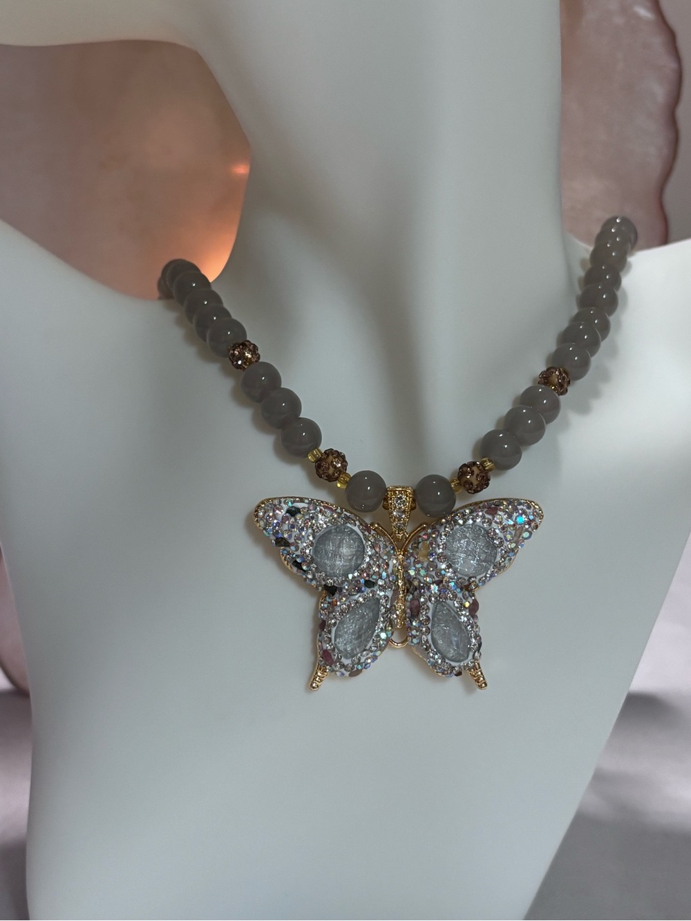 Grey Beaded Necklace with Crystal Butterfly Pendant- Hand Made